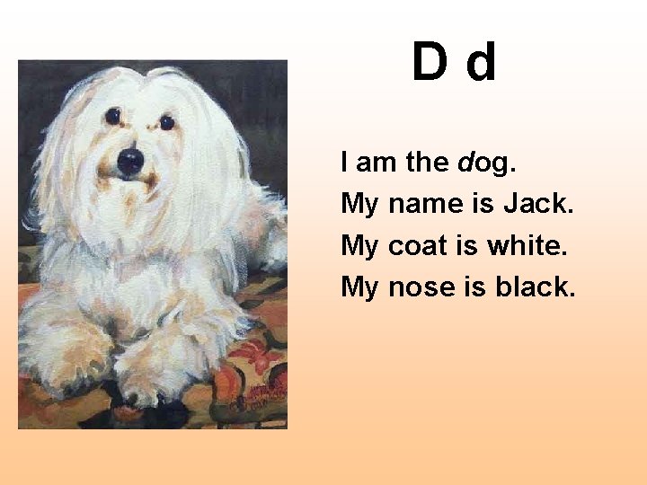 Dd I am the dog. My name is Jack. My coat is white. My