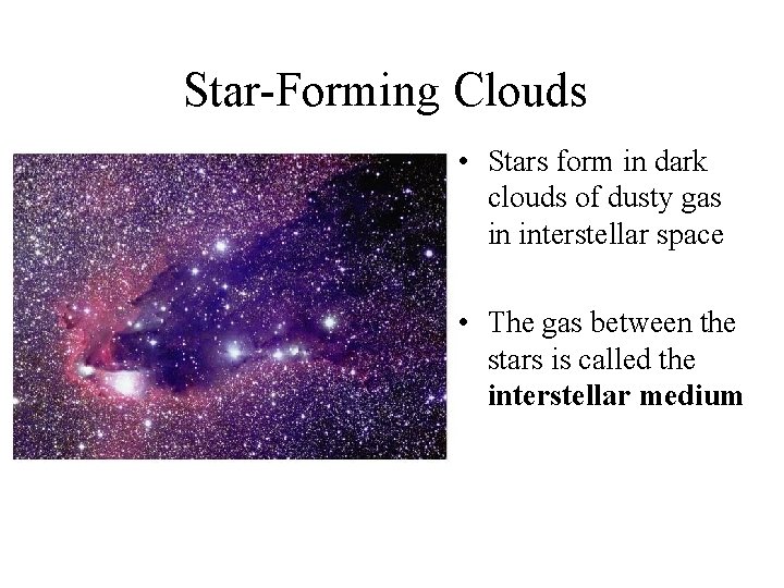 Star-Forming Clouds • Stars form in dark clouds of dusty gas in interstellar space