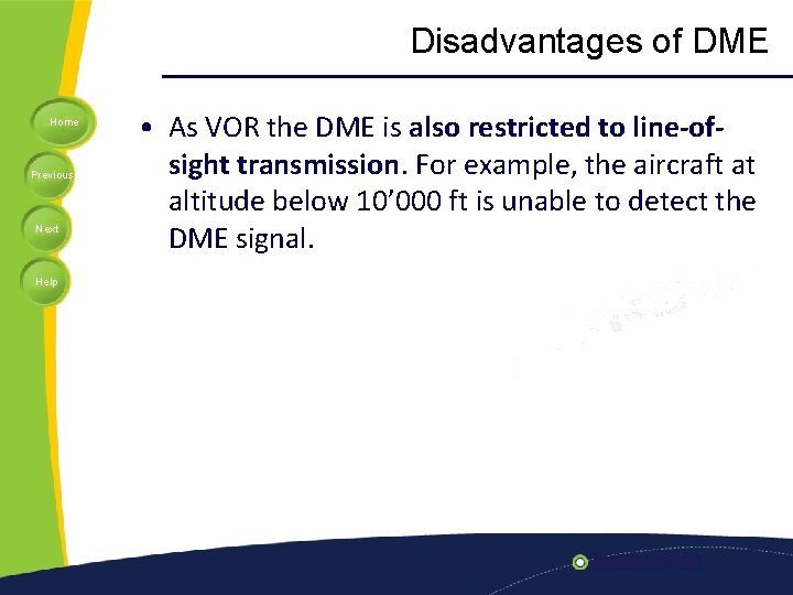 Disadvantages of DME Home Previous Next Help • As VOR the DME is also