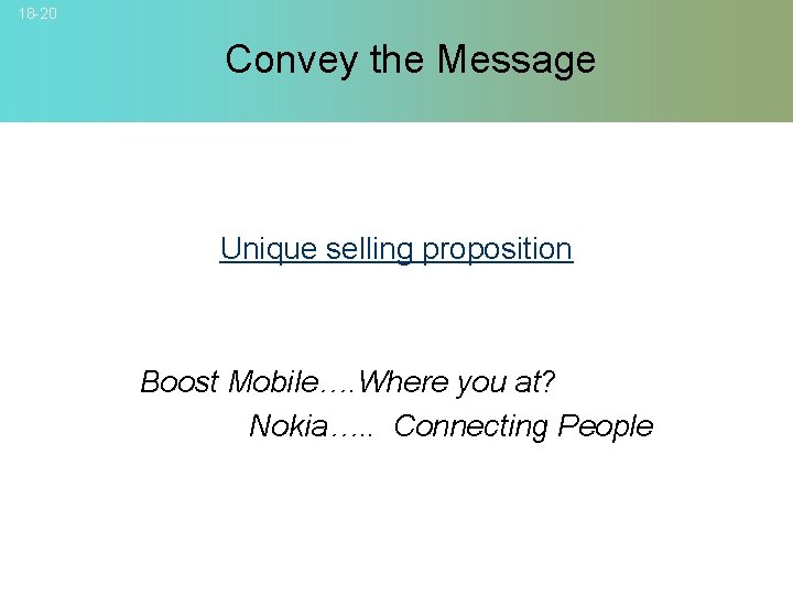18 -20 Convey the Message Unique selling proposition Boost Mobile…. Where you at? Nokia….