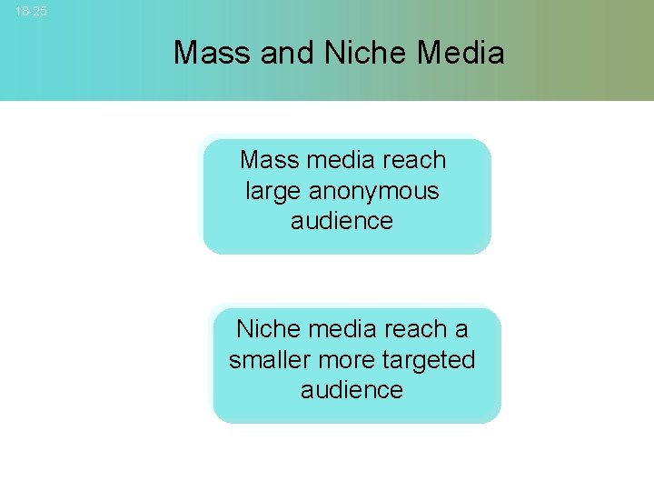 18 -25 Mass and Niche Media Mass media reach large anonymous audience Niche media