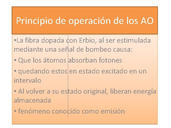 Principio de operación de los AO • La fibra dopada con Erbio, al ser Principio de operación de los AO • La fibra dopada con Erbio, al ser