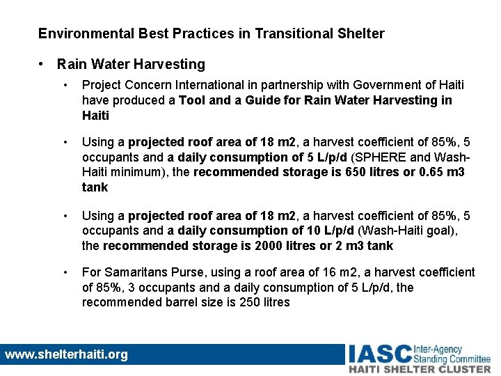 Environmental Best Practices in Transitional Shelter • Rain Water Harvesting • Project Concern International
