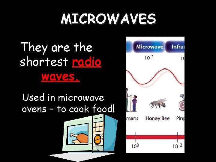 MICROWAVES They are the shortest radio waves. Used in microwave ovens – to cook