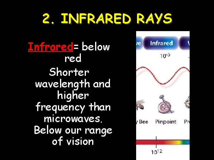 2. INFRARED RAYS Infrared= below red Shorter wavelength and higher frequency than microwaves. Below