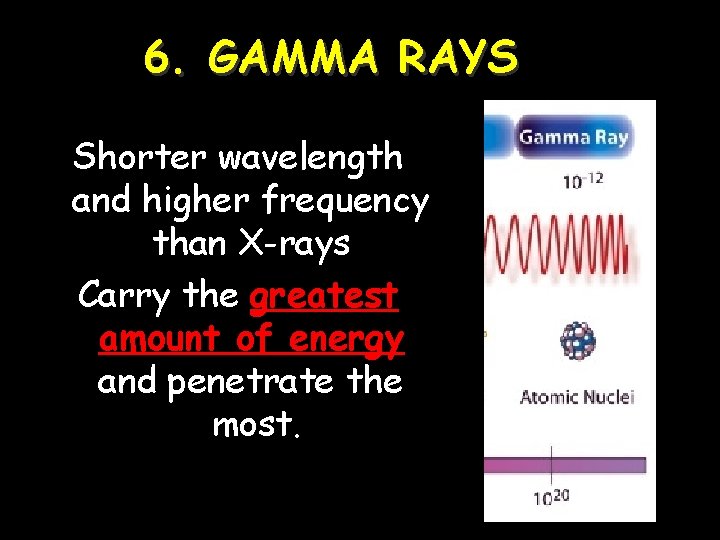6. GAMMA RAYS Shorter wavelength and higher frequency than X-rays Carry the greatest amount