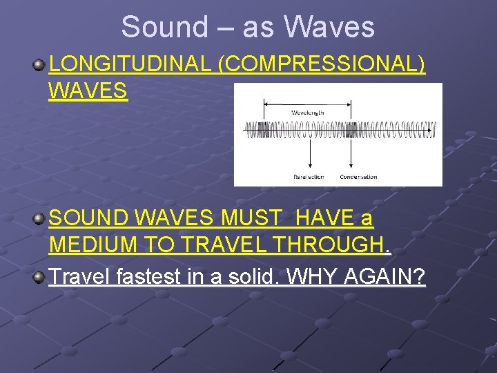 Sound – as Waves LONGITUDINAL (COMPRESSIONAL) WAVES SOUND WAVES MUST HAVE a MEDIUM TO