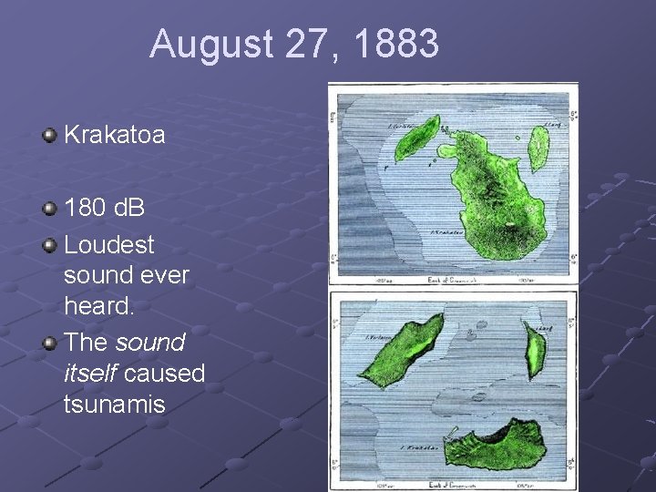 August 27, 1883 Krakatoa 180 d. B Loudest sound ever heard. The sound itself