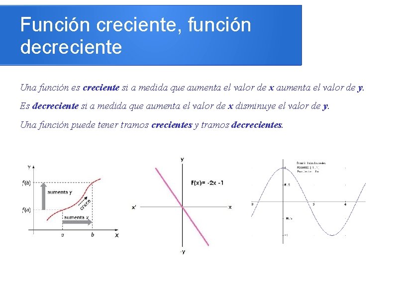 Función creciente, función decreciente Una función es creciente si a medida que aumenta el