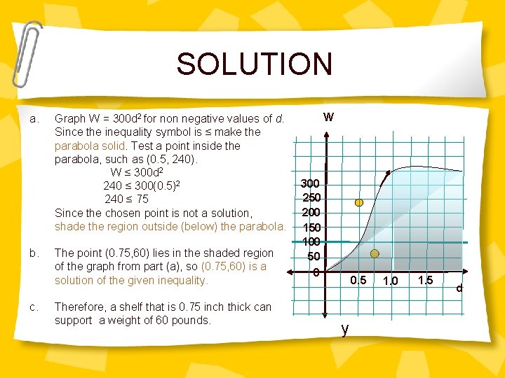 SOLUTION a. b. c. Graph W = 300 d 2 for non negative values