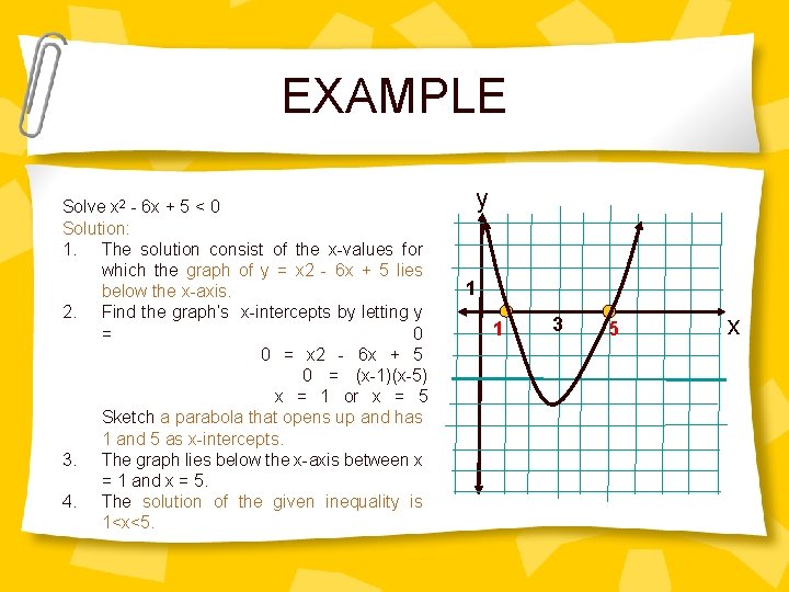 EXAMPLE Solve x 2 - 6 x + 5 < 0 Solution: 1. The