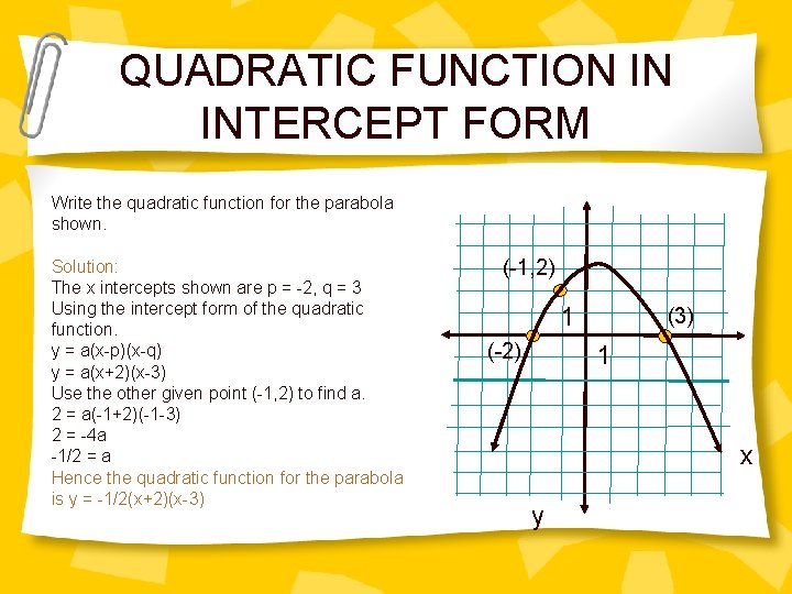 QUADRATIC FUNCTION IN INTERCEPT FORM Write the quadratic function for the parabola shown. Solution: