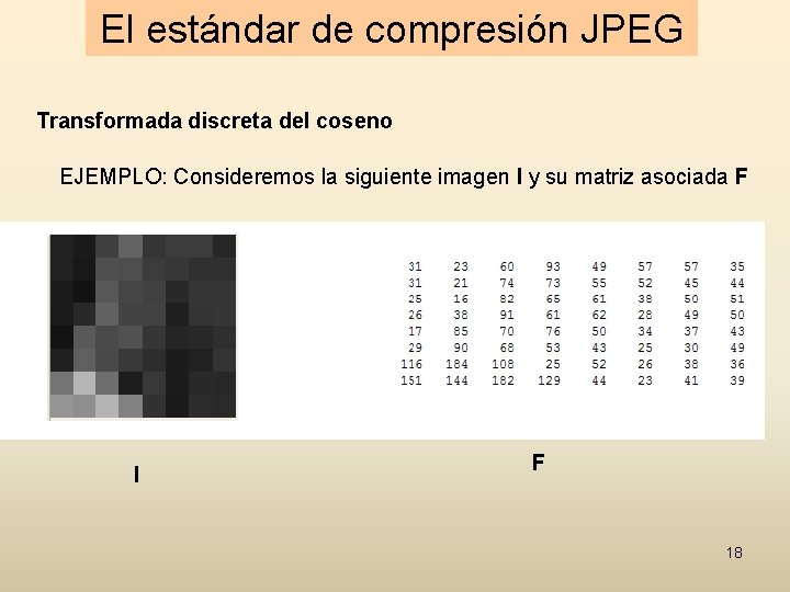 El estándar de compresión JPEG Transformada discreta del coseno EJEMPLO: Consideremos la siguiente imagen