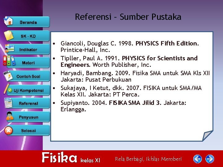 Referensi – Sumber Pustaka • Giancoli, Douglas C. 1998. PHYSICS Fifth Edition. Printice-Hall, Inc.