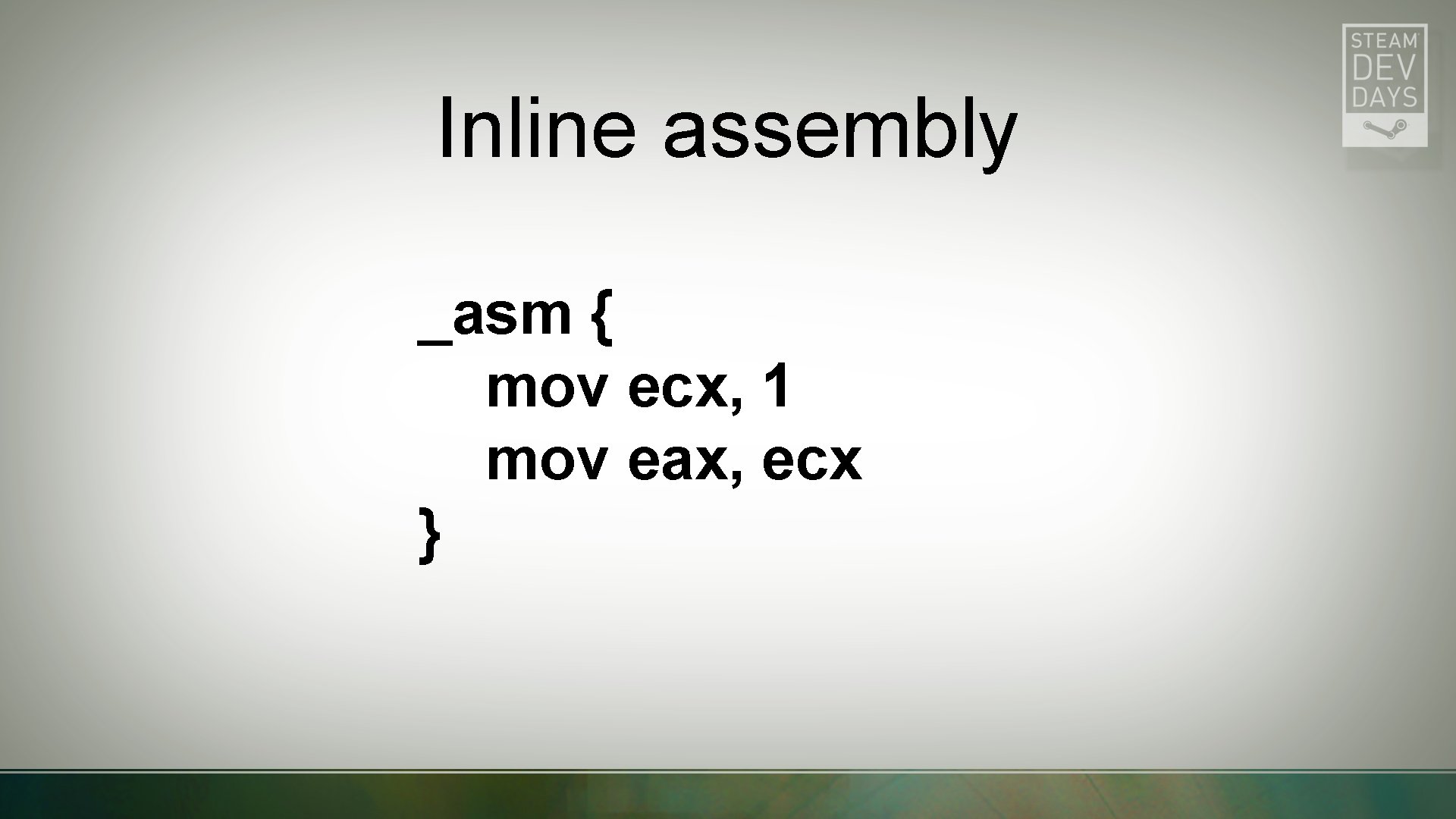 Inline assembly _asm { mov ecx, 1 mov eax, ecx } 