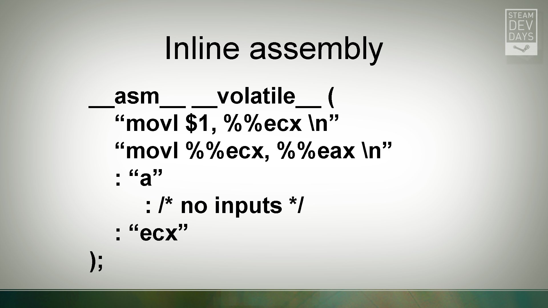 Inline assembly __asm__ __volatile__ ( “movl $1, %%ecx n” “movl %%ecx, %%eax n” :