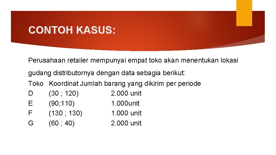 CONTOH KASUS: Perusahaan retailer mempunyai empat toko akan menentukan lokasi gudang distributornya dengan data