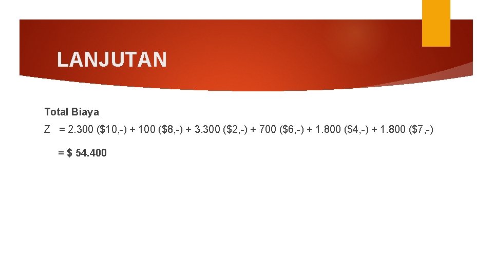 LANJUTAN Total Biaya Z = 2. 300 ($10, -) + 100 ($8, -) +