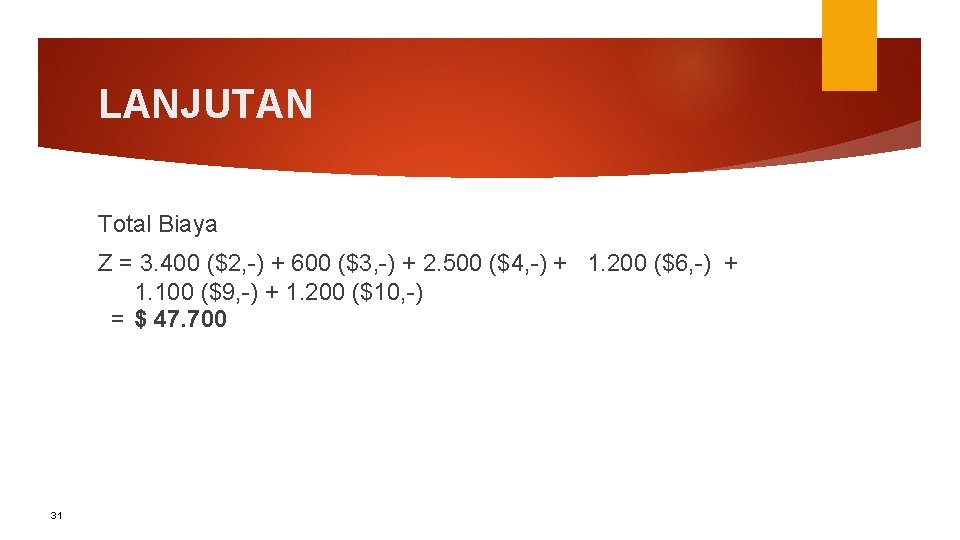 LANJUTAN Total Biaya Z = 3. 400 ($2, -) + 600 ($3, -) +