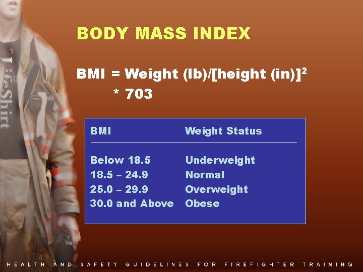 BODY MASS INDEX BMI = Weight (lb)/[height (in)]2 * 703 BMI Weight Status Below