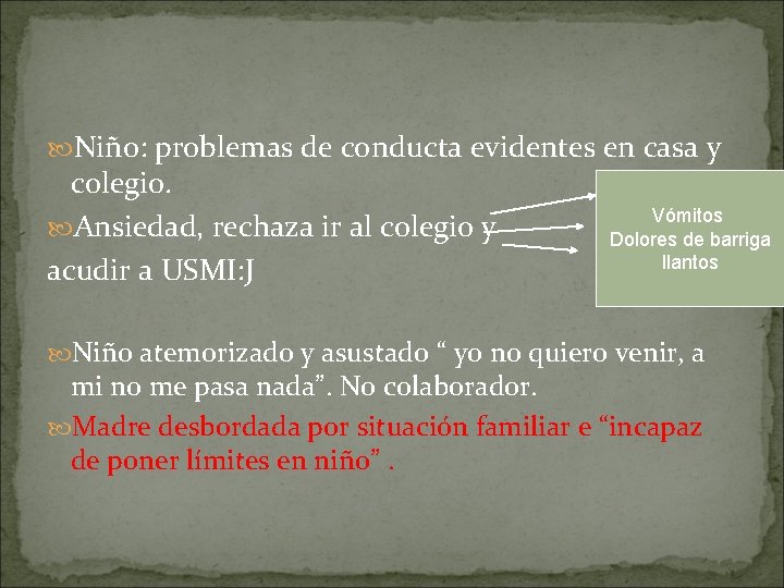  Niño: problemas de conducta evidentes en casa y colegio. Ansiedad, rechaza ir al