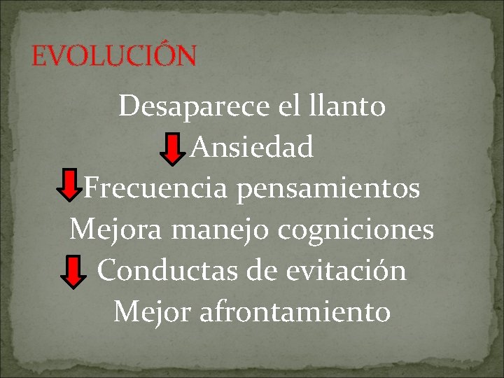 EVOLUCIÓN Desaparece el llanto Ansiedad Frecuencia pensamientos Mejora manejo cogniciones Conductas de evitación Mejor