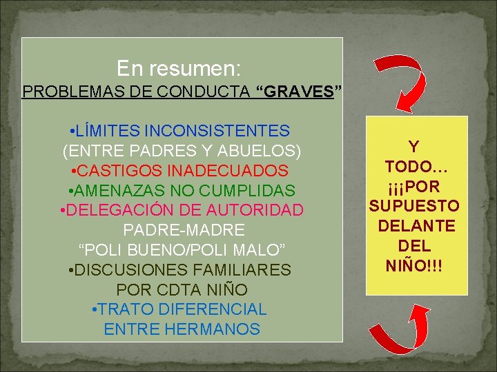 En resumen: PROBLEMAS DE CONDUCTA “GRAVES” • LÍMITES INCONSISTENTES (ENTRE PADRES Y ABUELOS) •