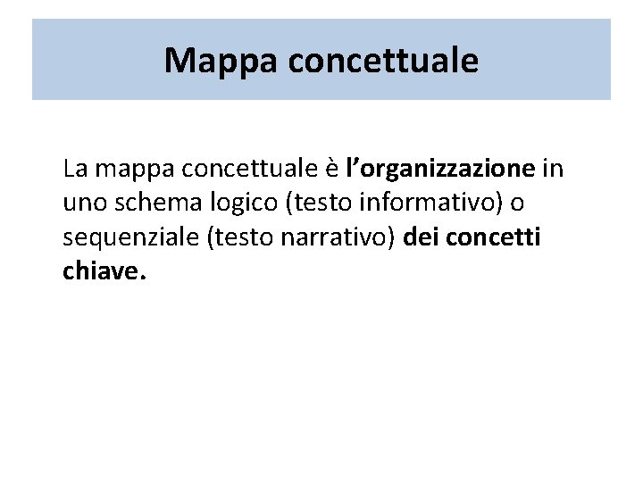 Mappa concettuale La mappa concettuale è l’organizzazione in uno schema logico (testo informativo) o