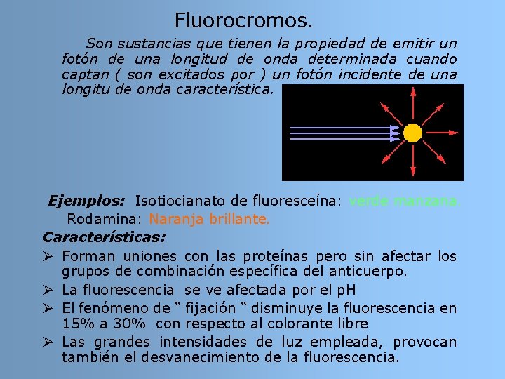Fluorocromos. Son sustancias que tienen la propiedad de emitir un fotón de una longitud Fluorocromos. Son sustancias que tienen la propiedad de emitir un fotón de una longitud