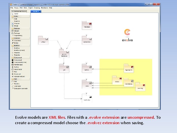 Evolve models are XML files. Files with a. evolve extension are uncompressed. To create