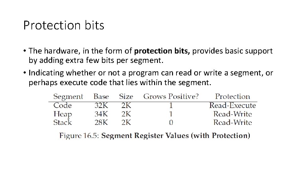 Protection bits • The hardware, in the form of protection bits, provides basic support