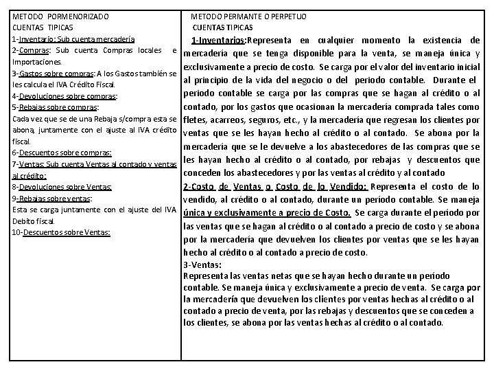 METODO PORMENORIZADO CUENTAS TIPICAS 1 -Inventario: Sub cuenta mercadería 2 -Compras: Sub cuenta Compras