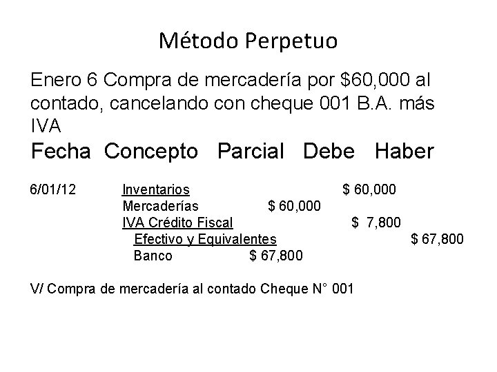 Método Perpetuo Enero 6 Compra de mercadería por $60, 000 al contado, cancelando con