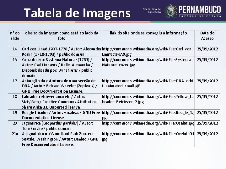 Tabela de Imagens n° do direito da imagem como está ao lado da link