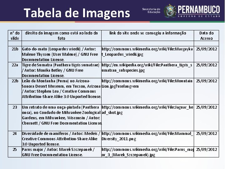 Tabela de Imagens n° do direito da imagem como está ao lado da link