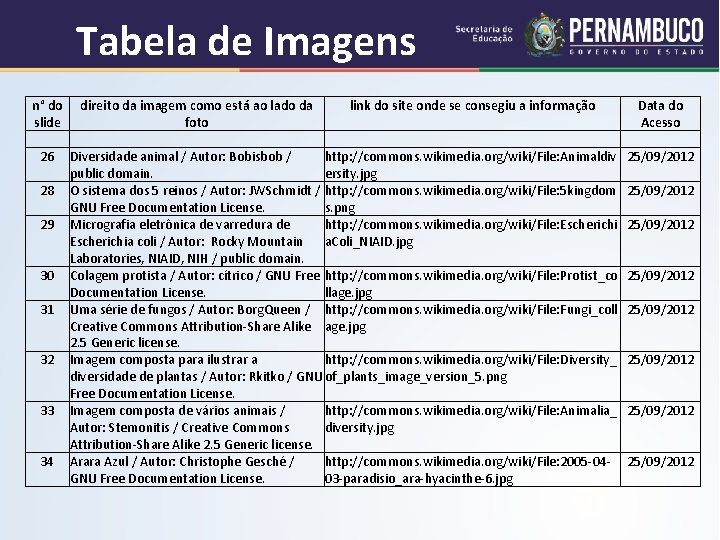 Tabela de Imagens n° do direito da imagem como está ao lado da link