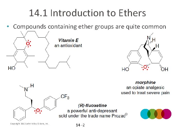 14. 1 Introduction to Ethers • Compounds containing ether groups are quite common Copyright