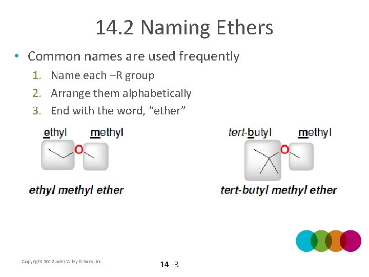 14. 2 Naming Ethers • Common names are used frequently 1. Name each –R