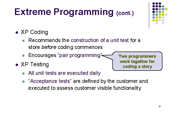 Extreme Programming (cont. ) l l XP Coding l Recommends the construction of a Extreme Programming (cont. ) l l XP Coding l Recommends the construction of a