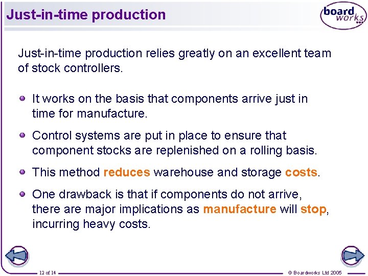 Just-in-time production relies greatly on an excellent team of stock controllers. It works on