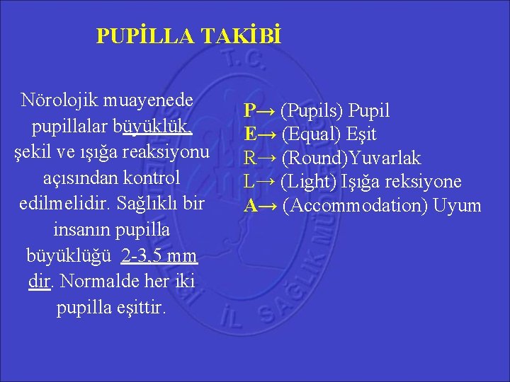 PUPİLLA TAKİBİ Nörolojik muayenede P→ (Pupils) Pupil pupillalar büyüklük, E→ (Equal) Eşit şekil ve