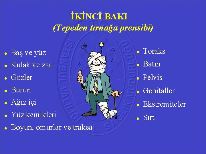 İKİNCİ BAKI (Tepeden tırnağa prensibi) Baş ve yüz Toraks Kulak ve zarı Batın Gözler