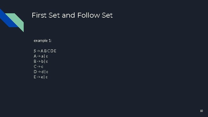 First Set and Follow Set example 1: S -> A B C D E