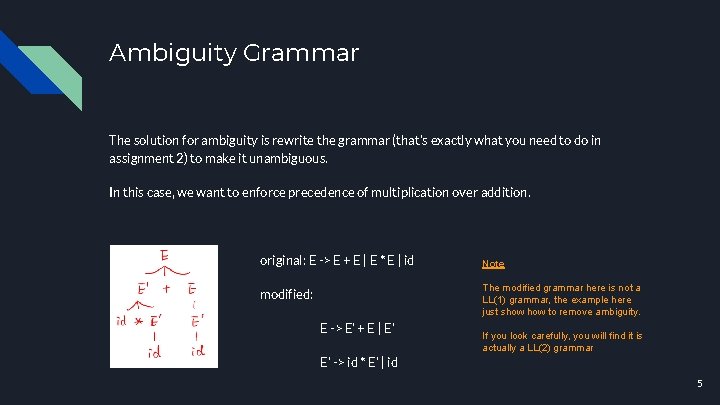 Ambiguity Grammar The solution for ambiguity is rewrite the grammar (that’s exactly what you