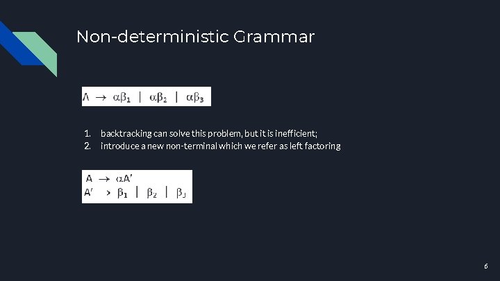 Non-deterministic Grammar 1. 2. backtracking can solve this problem, but it is inefficient; introduce