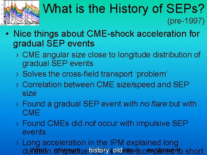 What is the History of SEPs? (pre-1997) • Nice things about CME-shock acceleration for