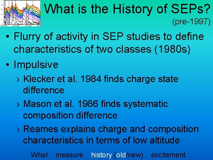 What is the History of SEPs? (pre-1997) • Flurry of activity in SEP studies