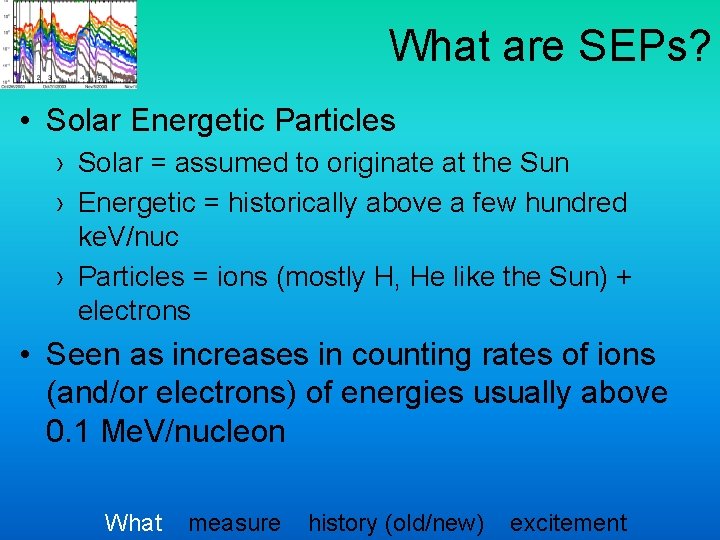 What are SEPs? • Solar Energetic Particles › Solar = assumed to originate at