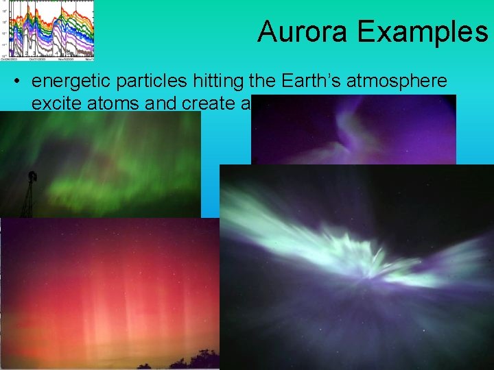 Aurora Examples • energetic particles hitting the Earth’s atmosphere excite atoms and create aurora Aurora Examples • energetic particles hitting the Earth’s atmosphere excite atoms and create aurora