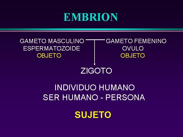 EMBRION GAMETO MASCULINO ESPERMATOZOIDE OBJETO GAMETO FEMENINO OVULO OBJETO ZIGOTO INDIVIDUO HUMANO SER HUMANO